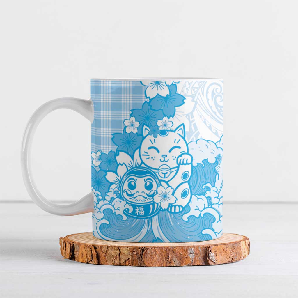 Blue Palaka Hawaiian And Japanese Ceramic Mug Maneki Neko And Sakura Bloom