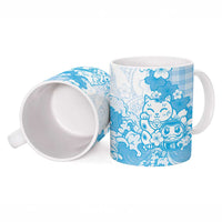 Blue Palaka Hawaiian And Japanese Ceramic Mug Maneki Neko And Sakura Bloom
