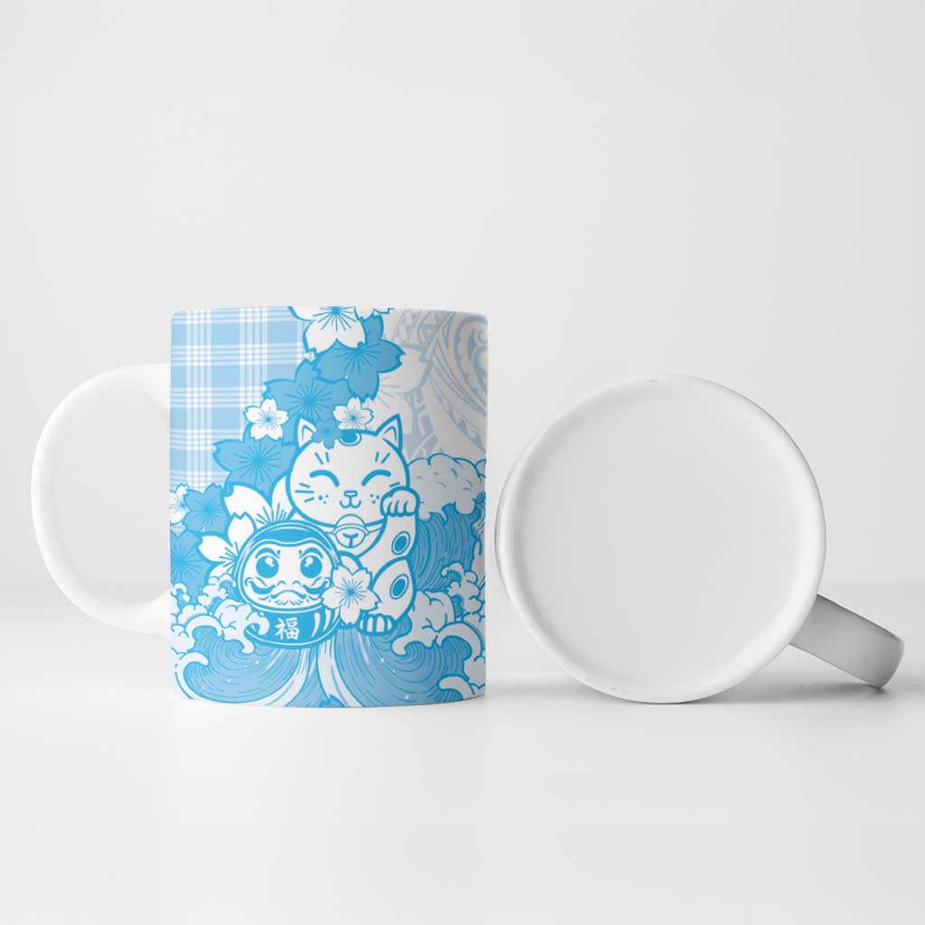 Blue Palaka Hawaiian And Japanese Ceramic Mug Maneki Neko And Sakura Bloom
