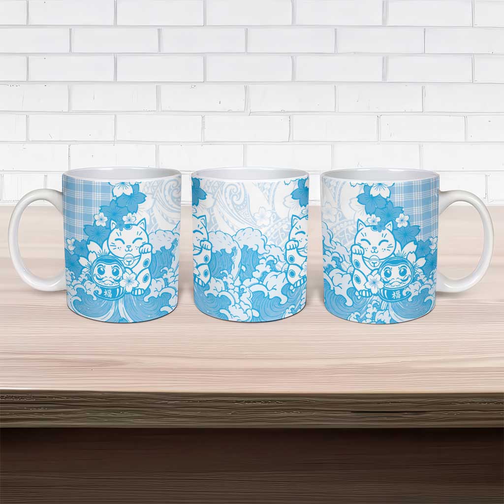 Blue Palaka Hawaiian And Japanese Ceramic Mug Maneki Neko And Sakura Bloom