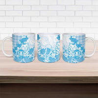 Blue Palaka Hawaiian And Japanese Ceramic Mug Maneki Neko And Sakura Bloom