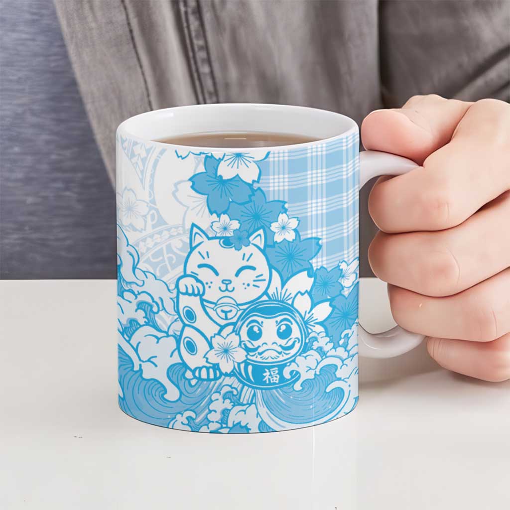 Blue Palaka Hawaiian And Japanese Ceramic Mug Maneki Neko And Sakura Bloom