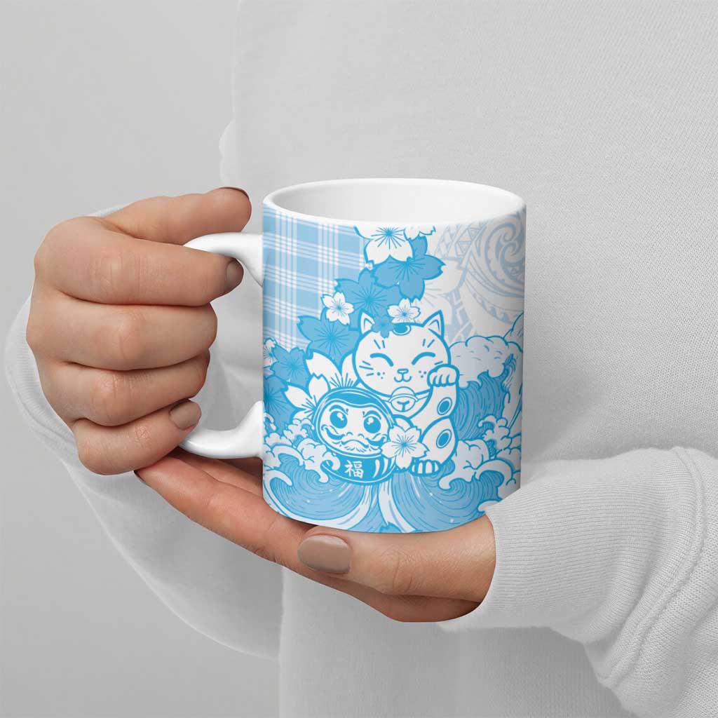 Blue Palaka Hawaiian And Japanese Ceramic Mug Maneki Neko And Sakura Bloom