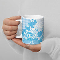 Blue Palaka Hawaiian And Japanese Ceramic Mug Maneki Neko And Sakura Bloom