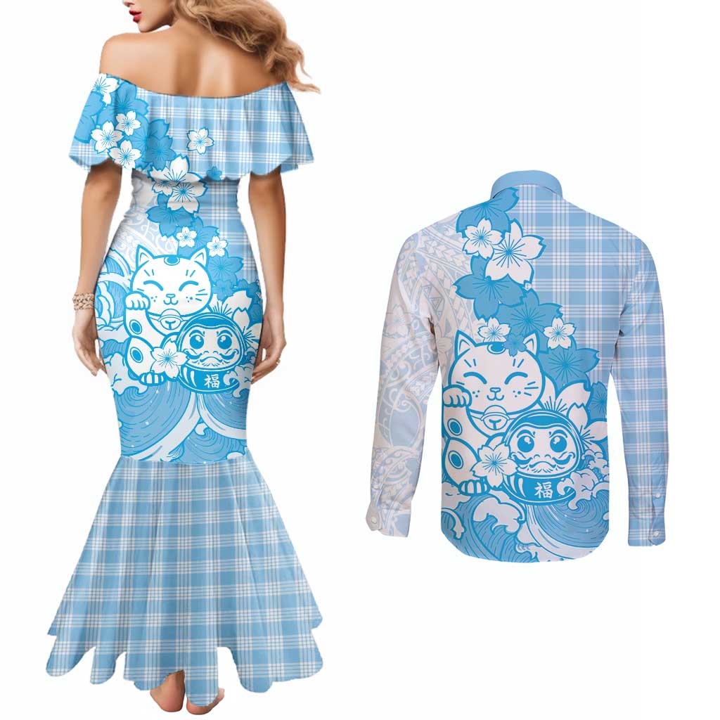 Blue Palaka Hawaiian And Japanese Couples Matching Mermaid Dress and Long Sleeve Button Shirt Maneki Neko And Sakura Bloom DT05 - Polynesian Pride
