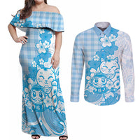 Blue Palaka Hawaiian And Japanese Couples Matching Off Shoulder Maxi Dress and Long Sleeve Button Shirt Maneki Neko And Sakura Bloom DT05 Blue - Polynesian Pride