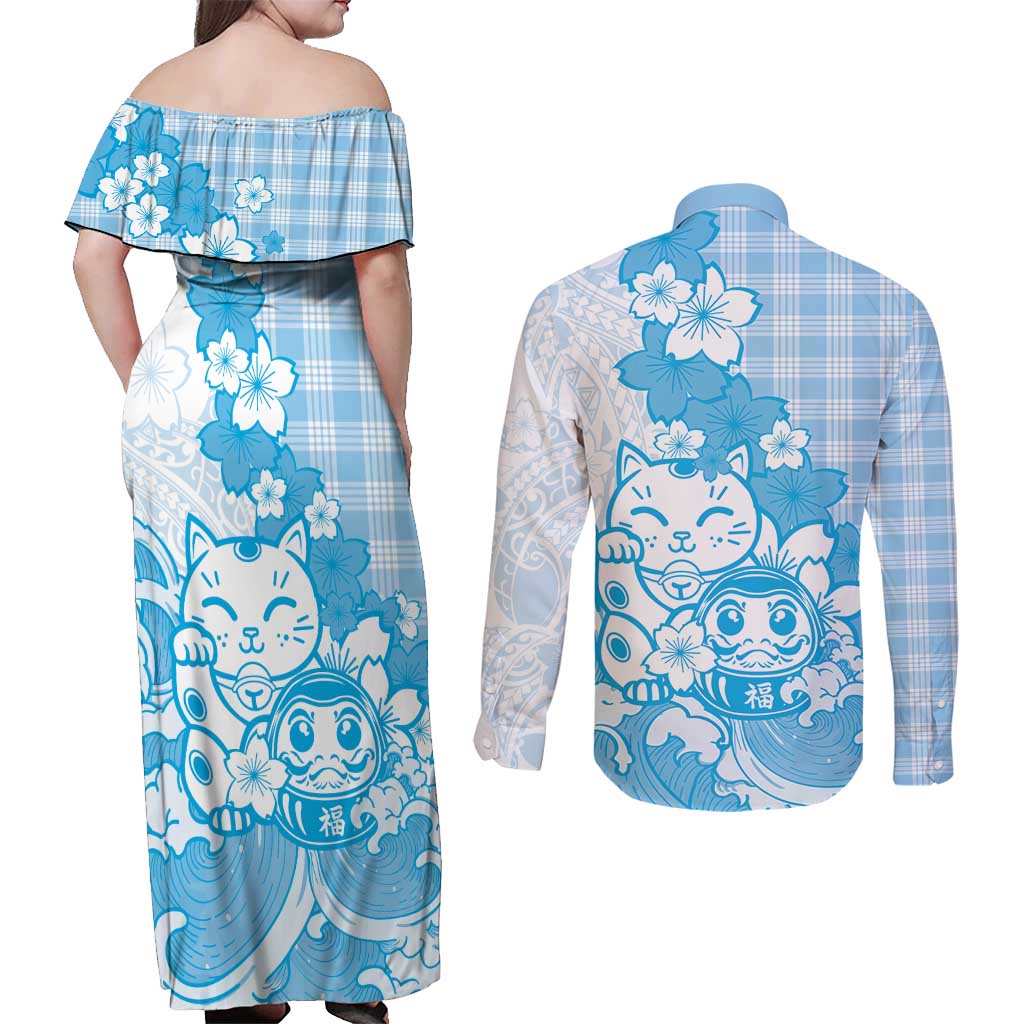 Blue Palaka Hawaiian And Japanese Couples Matching Off Shoulder Maxi Dress and Long Sleeve Button Shirt Maneki Neko And Sakura Bloom DT05 - Polynesian Pride