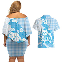 Blue Palaka Hawaiian And Japanese Couples Matching Off Shoulder Short Dress and Hawaiian Shirt Maneki Neko And Sakura Bloom DT05 - Polynesian Pride