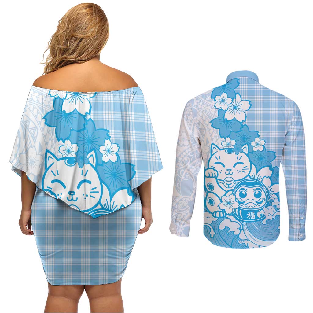 Blue Palaka Hawaiian And Japanese Couples Matching Off Shoulder Short Dress and Long Sleeve Button Shirt Maneki Neko And Sakura Bloom DT05 - Polynesian Pride