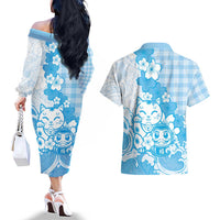 Blue Palaka Hawaiian And Japanese Couples Matching Off The Shoulder Long Sleeve Dress and Hawaiian Shirt Maneki Neko And Sakura Bloom