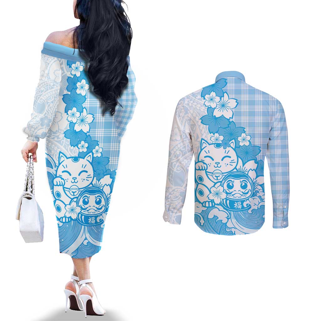 Blue Palaka Hawaiian And Japanese Couples Matching Off The Shoulder Long Sleeve Dress and Long Sleeve Button Shirt Maneki Neko And Sakura Bloom DT05 - Polynesian Pride