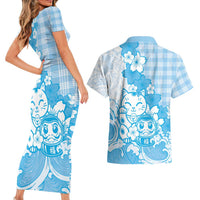 Blue Palaka Hawaiian And Japanese Couples Matching Short Sleeve Bodycon Dress and Hawaiian Shirt Maneki Neko And Sakura Bloom DT05 - Polynesian Pride