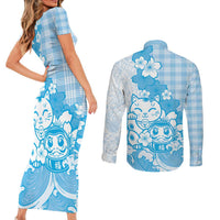 Blue Palaka Hawaiian And Japanese Couples Matching Short Sleeve Bodycon Dress and Long Sleeve Button Shirt Maneki Neko And Sakura Bloom DT05 - Polynesian Pride
