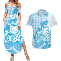 Blue Palaka Hawaiian And Japanese Couples Matching Summer Maxi Dress and Hawaiian Shirt Maneki Neko And Sakura Bloom DT05 Blue - Polynesian Pride