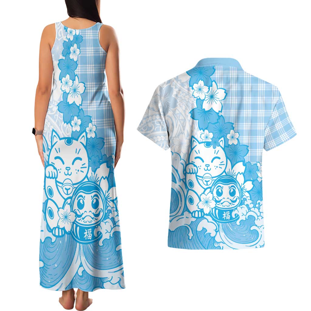 Blue Palaka Hawaiian And Japanese Couples Matching Tank Maxi Dress and Hawaiian Shirt Maneki Neko And Sakura Bloom DT05 - Polynesian Pride