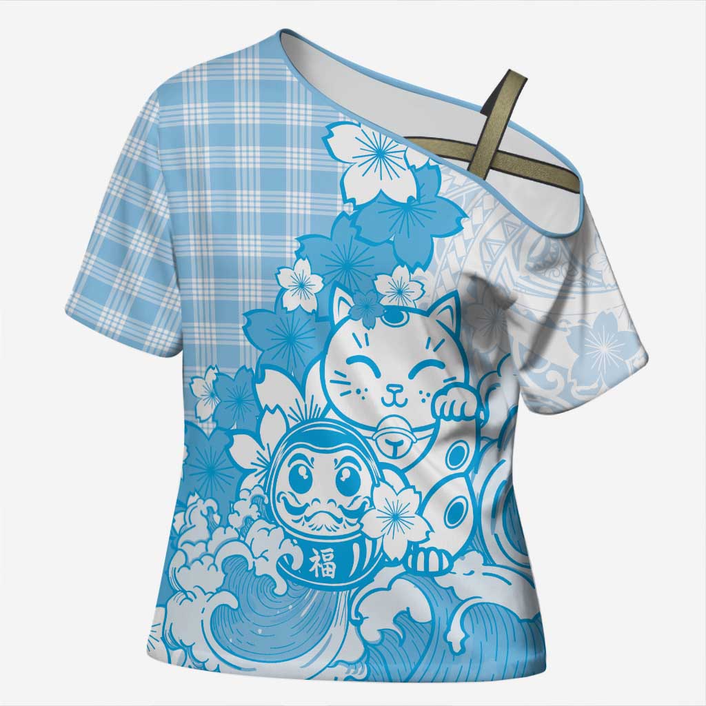 Blue Palaka Hawaiian And Japanese Cross Shoulder Shirt Maneki Neko And Sakura Bloom DT05 Female Blue - Polynesian Pride