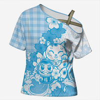 Blue Palaka Hawaiian And Japanese Cross Shoulder Shirt Maneki Neko And Sakura Bloom DT05 Female Blue - Polynesian Pride