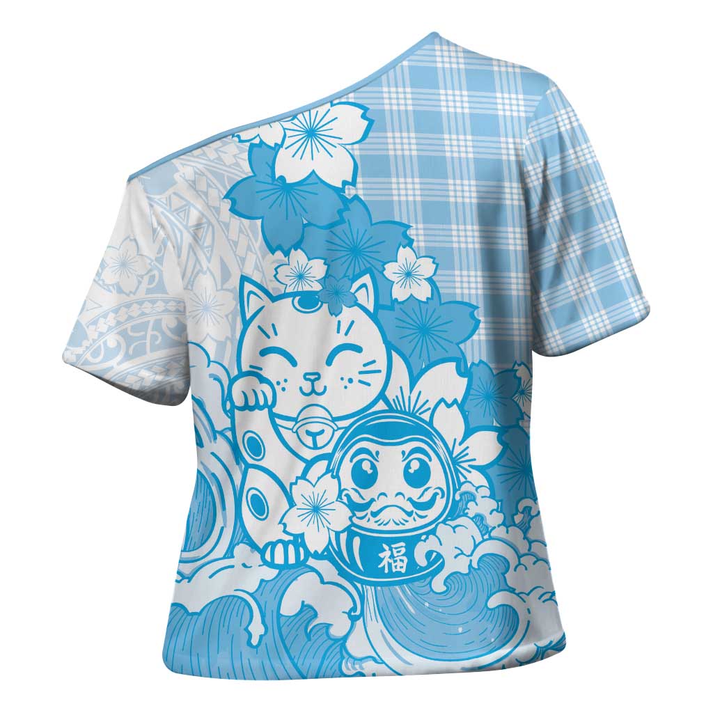 Blue Palaka Hawaiian And Japanese Cross Shoulder Shirt Maneki Neko And Sakura Bloom DT05 - Polynesian Pride