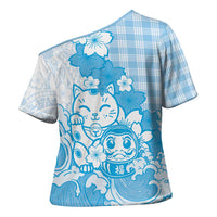 Blue Palaka Hawaiian And Japanese Cross Shoulder Shirt Maneki Neko And Sakura Bloom DT05 - Polynesian Pride