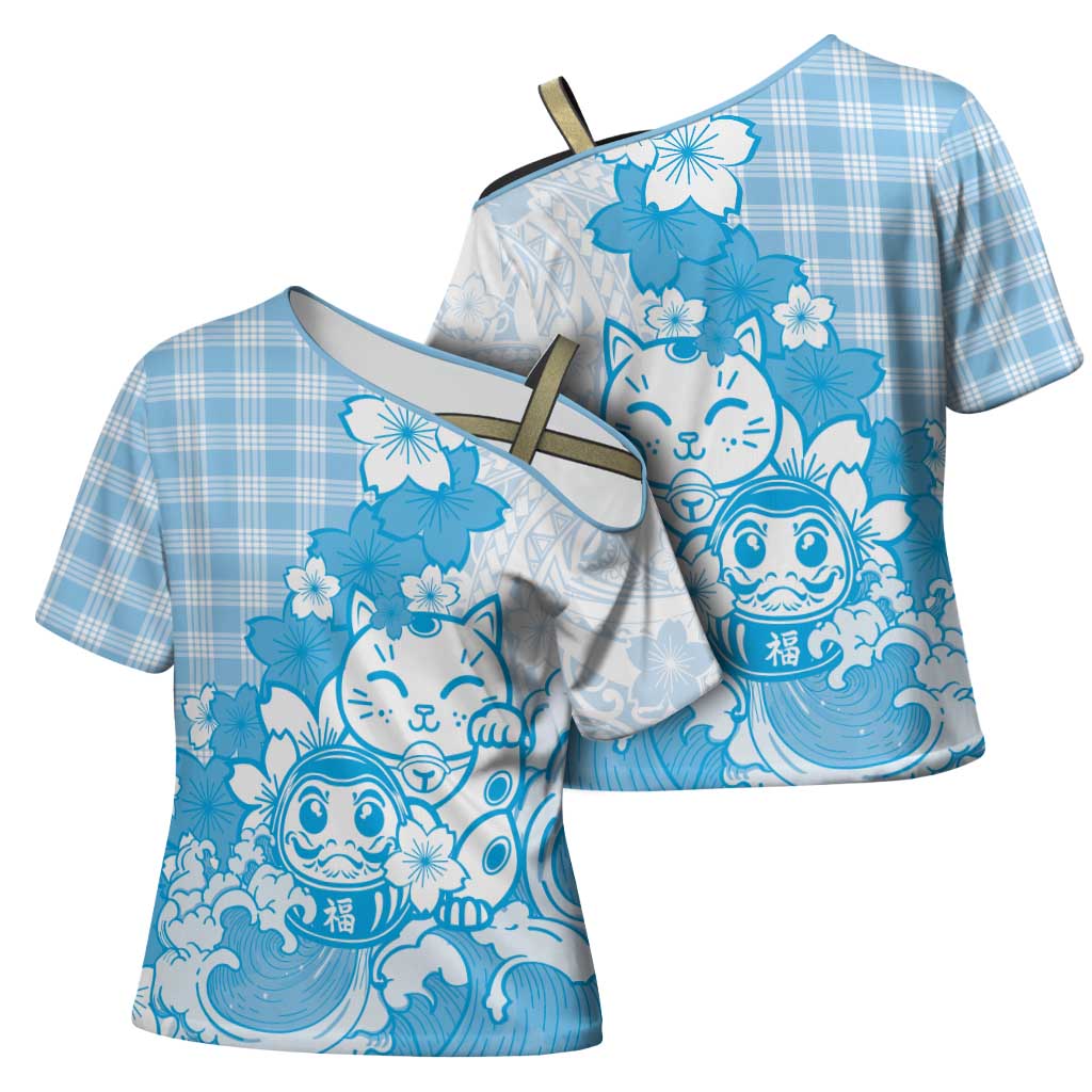 Blue Palaka Hawaiian And Japanese Cross Shoulder Shirt Maneki Neko And Sakura Bloom DT05 - Polynesian Pride
