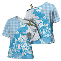 Blue Palaka Hawaiian And Japanese Cross Shoulder Shirt Maneki Neko And Sakura Bloom DT05 - Polynesian Pride