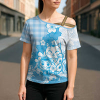Blue Palaka Hawaiian And Japanese Cross Shoulder Shirt Maneki Neko And Sakura Bloom DT05 - Polynesian Pride