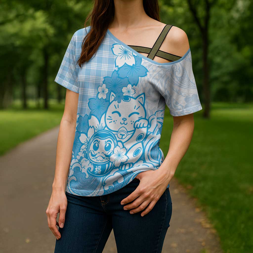 Blue Palaka Hawaiian And Japanese Cross Shoulder Shirt Maneki Neko And Sakura Bloom DT05 - Polynesian Pride