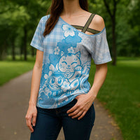 Blue Palaka Hawaiian And Japanese Cross Shoulder Shirt Maneki Neko And Sakura Bloom DT05 - Polynesian Pride