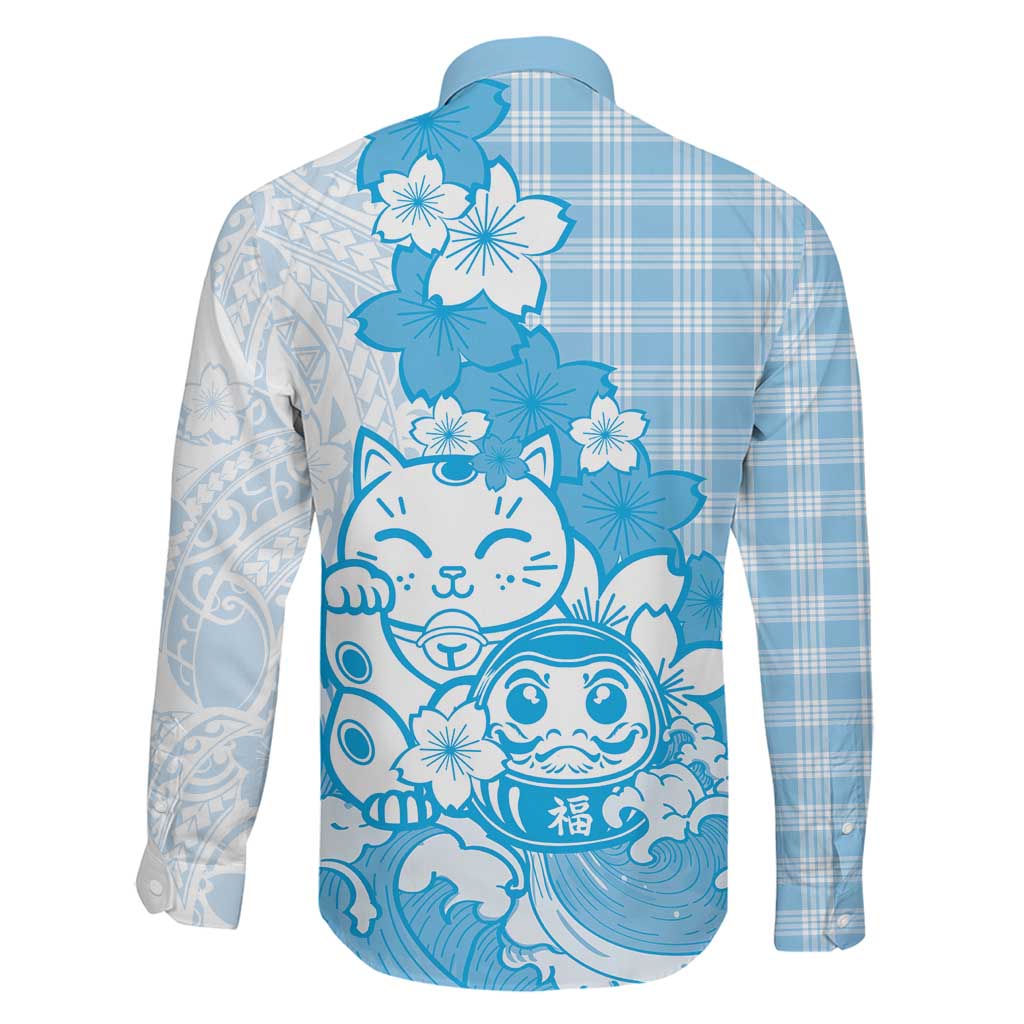 Blue Palaka Hawaiian And Japanese Family Matching Mermaid Dress and Hawaiian Shirt Maneki Neko And Sakura Bloom DT05 - Polynesian Pride