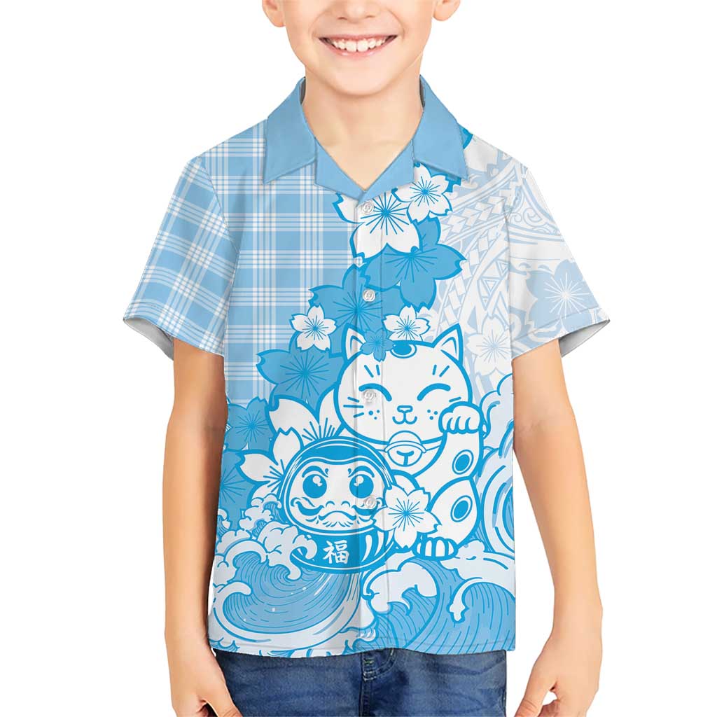 Blue Palaka Hawaiian And Japanese Family Matching Mermaid Dress and Hawaiian Shirt Maneki Neko And Sakura Bloom DT05 Son's Shirt Blue - Polynesian Pride