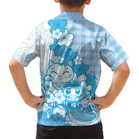 Blue Palaka Hawaiian And Japanese Family Matching Off The Shoulder Long Sleeve Dress and Hawaiian Shirt Maneki Neko And Sakura Bloom DT05 - Polynesian Pride
