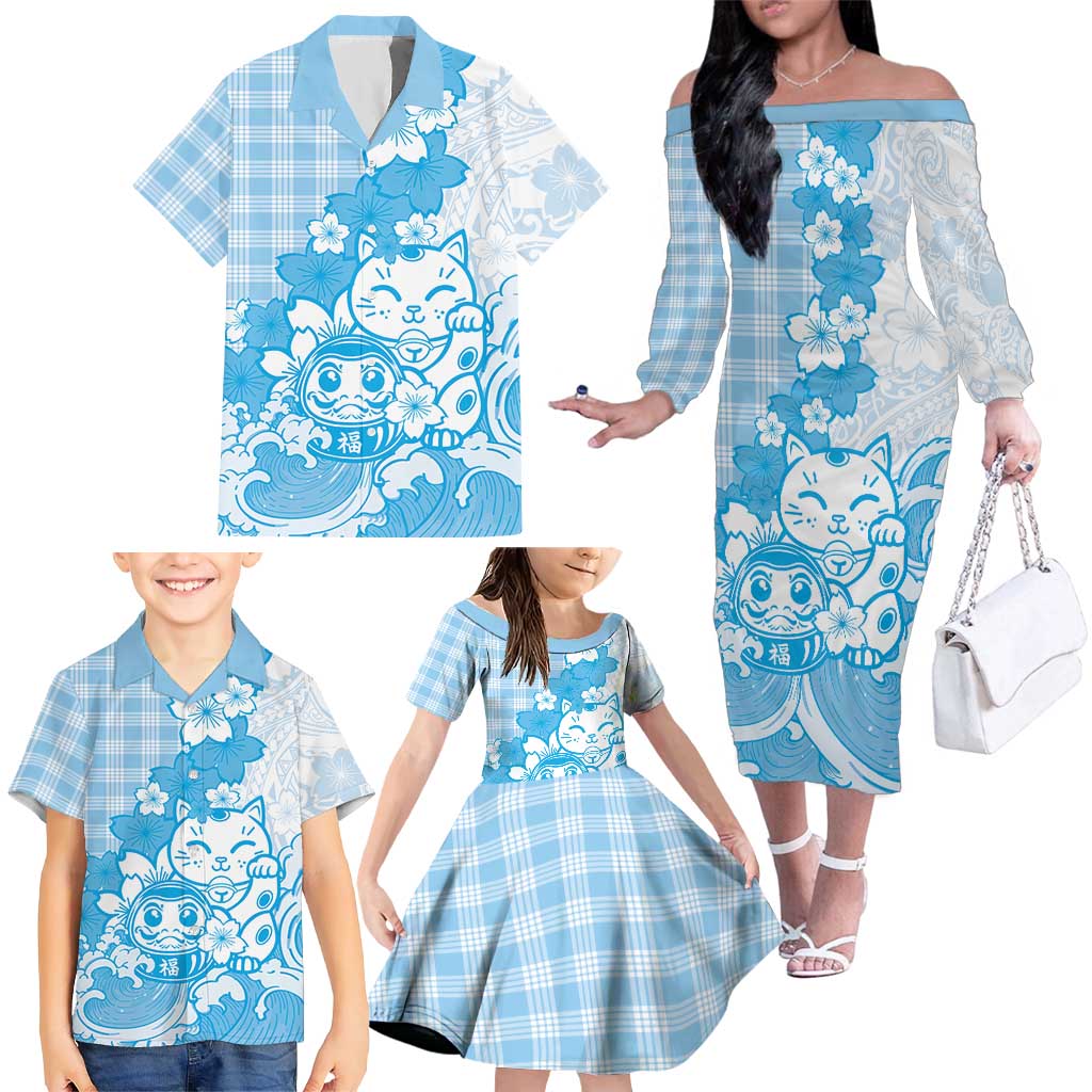 Blue Palaka Hawaiian And Japanese Family Matching Off The Shoulder Long Sleeve Dress and Hawaiian Shirt Maneki Neko And Sakura Bloom DT05 - Polynesian Pride