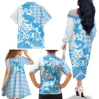 Blue Palaka Hawaiian And Japanese Family Matching Off The Shoulder Long Sleeve Dress and Hawaiian Shirt Maneki Neko And Sakura Bloom DT05 - Polynesian Pride