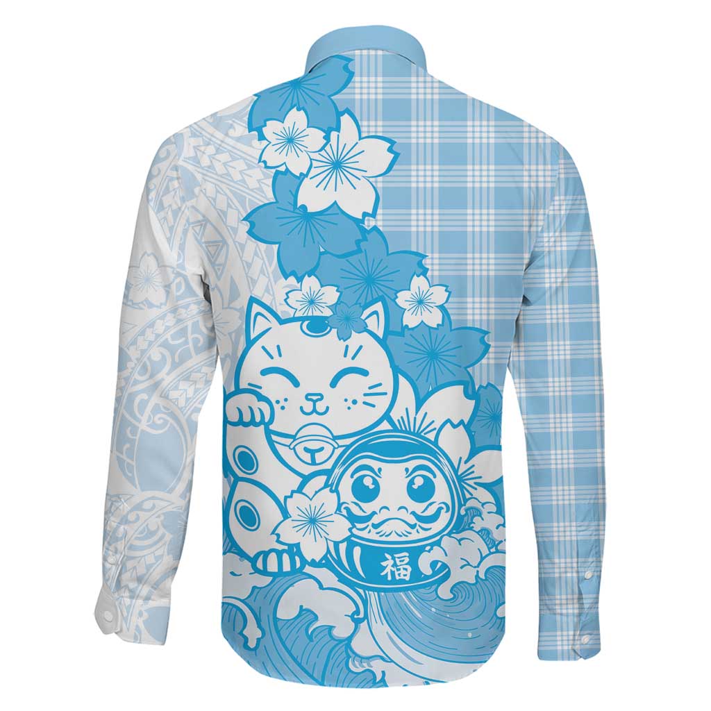 Blue Palaka Hawaiian And Japanese Family Matching Off The Shoulder Long Sleeve Dress and Hawaiian Shirt Maneki Neko And Sakura Bloom DT05 - Polynesian Pride