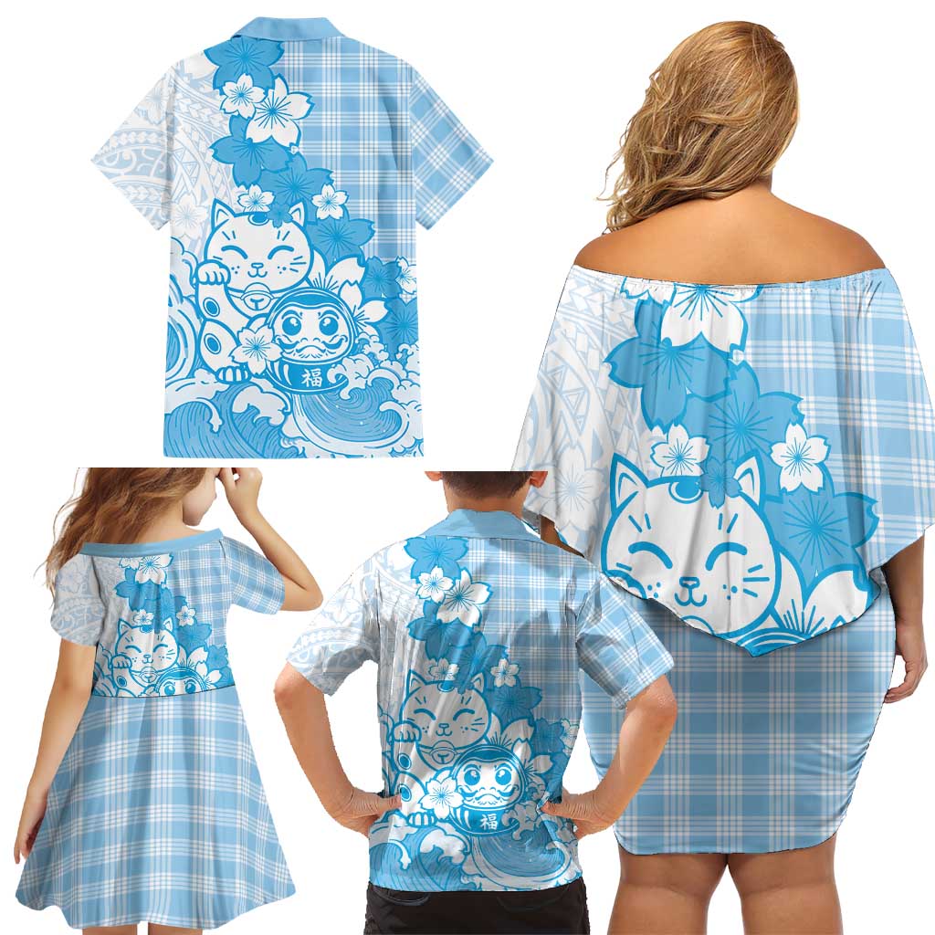 Blue Palaka Hawaiian And Japanese Family Matching Off Shoulder Short Dress and Hawaiian Shirt Maneki Neko And Sakura Bloom