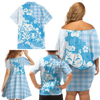 Blue Palaka Hawaiian And Japanese Family Matching Off Shoulder Short Dress and Hawaiian Shirt Maneki Neko And Sakura Bloom