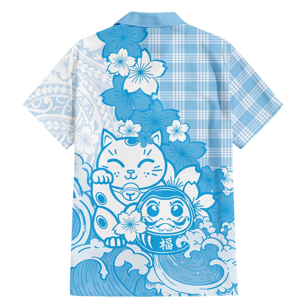 Blue Palaka Hawaiian And Japanese Family Matching Off Shoulder Short Dress and Hawaiian Shirt Maneki Neko And Sakura Bloom