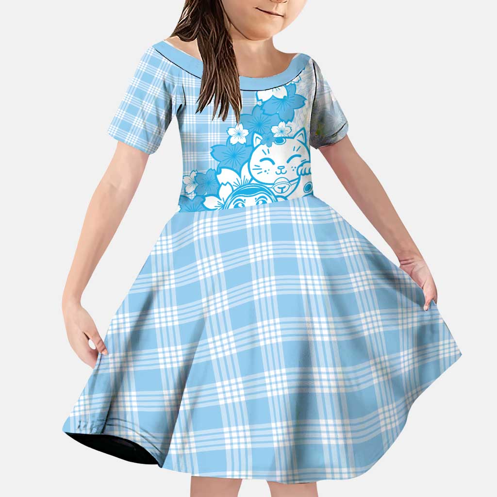 Blue Palaka Hawaiian And Japanese Family Matching Puletasi and Hawaiian Shirt Maneki Neko And Sakura Bloom