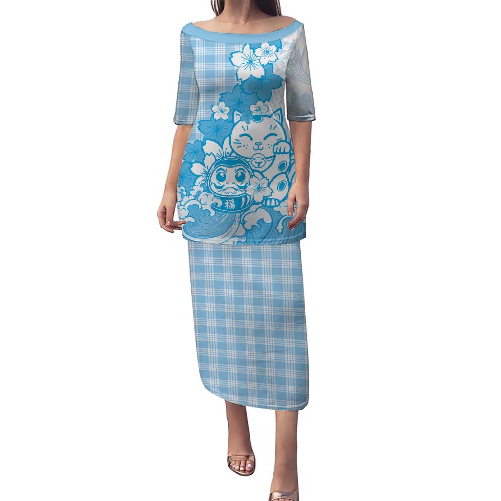 Blue Palaka Hawaiian And Japanese Family Matching Puletasi and Hawaiian Shirt Maneki Neko And Sakura Bloom