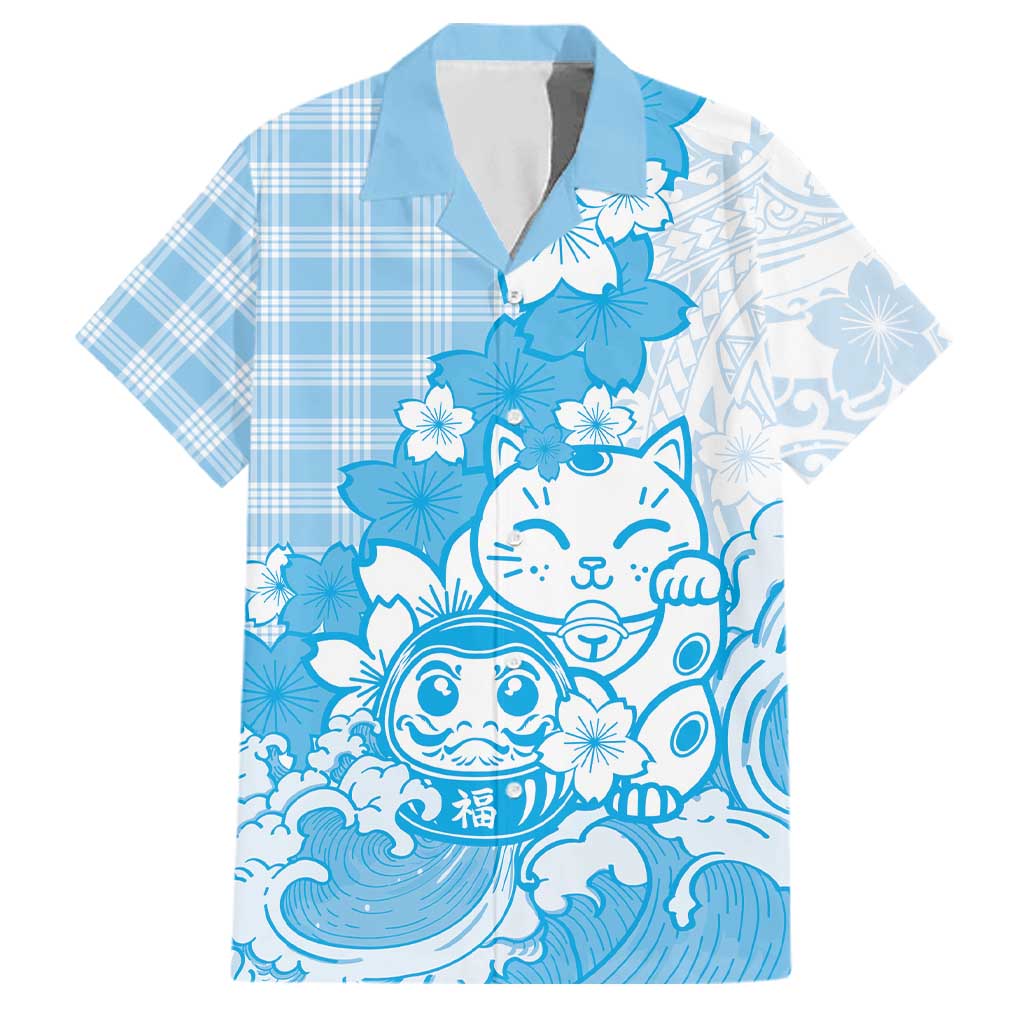 Blue Palaka Hawaiian And Japanese Family Matching Short Sleeve Bodycon Dress and Hawaiian Shirt Maneki Neko And Sakura Bloom DT05 Dad's Shirt - Short Sleeve Blue - Polynesian Pride