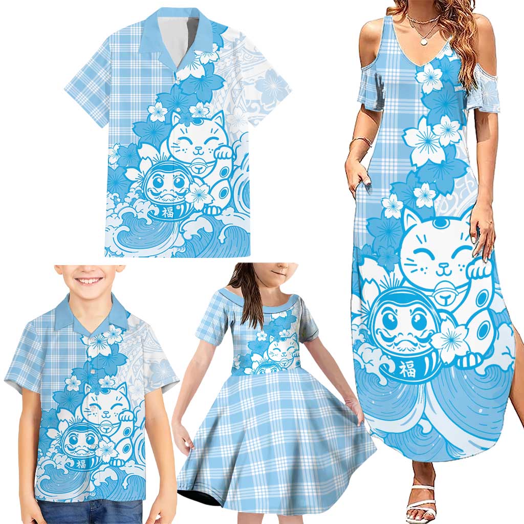 Blue Palaka Hawaiian And Japanese Family Matching Summer Maxi Dress and Hawaiian Shirt Maneki Neko And Sakura Bloom