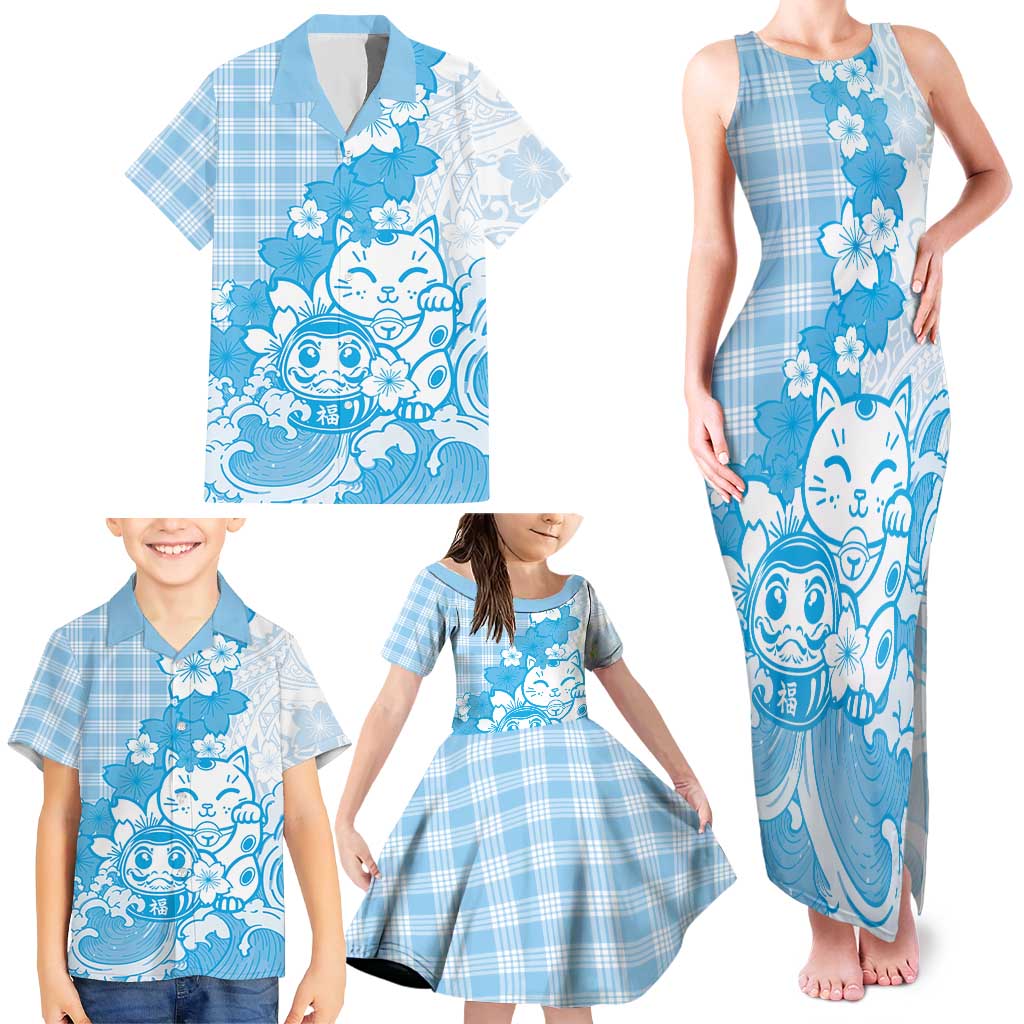 Blue Palaka Hawaiian And Japanese Family Matching Tank Maxi Dress and Hawaiian Shirt Maneki Neko And Sakura Bloom DT05 - Polynesian Pride