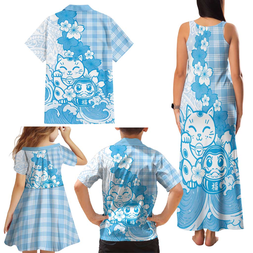 Blue Palaka Hawaiian And Japanese Family Matching Tank Maxi Dress and Hawaiian Shirt Maneki Neko And Sakura Bloom DT05 - Polynesian Pride
