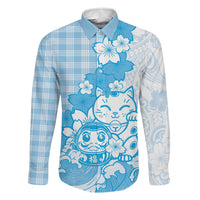 Blue Palaka Hawaiian And Japanese Family Matching Tank Maxi Dress and Hawaiian Shirt Maneki Neko And Sakura Bloom DT05 Dad's Shirt - Long Sleeve Blue - Polynesian Pride