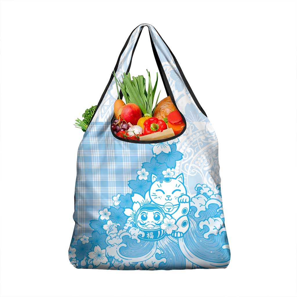 Blue Palaka Hawaiian And Japanese Grocery Bag Maneki Neko And Sakura Bloom DT05 1-pack One Size Blue - Polynesian Pride
