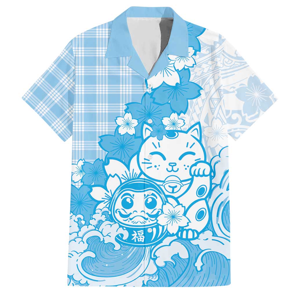 Blue Palaka Hawaiian And Japanese Hawaiian Shirt Maneki Neko And Sakura Bloom