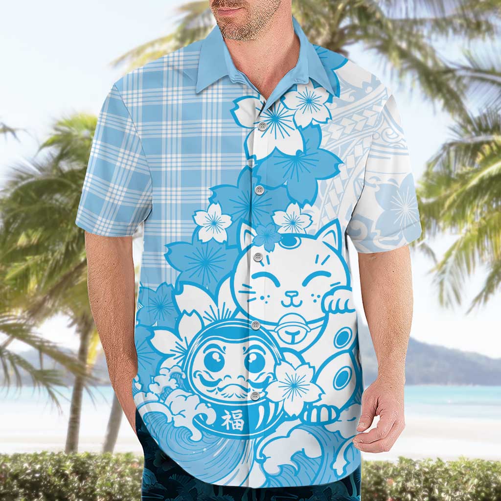 Blue Palaka Hawaiian And Japanese Hawaiian Shirt Maneki Neko And Sakura Bloom