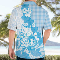 Blue Palaka Hawaiian And Japanese Hawaiian Shirt Maneki Neko And Sakura Bloom