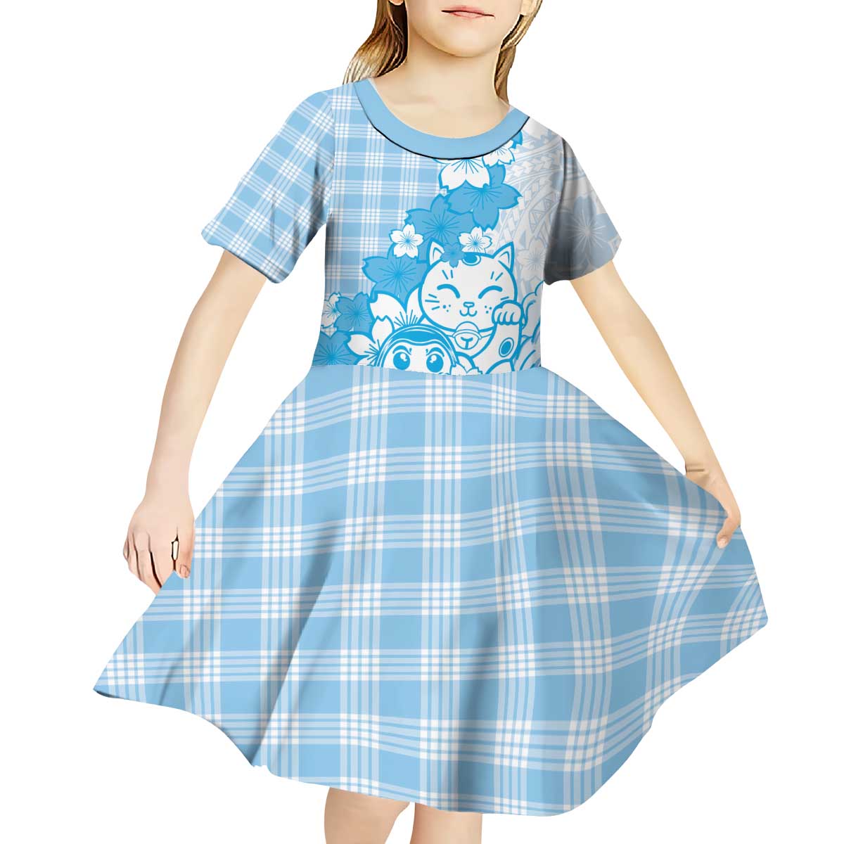 Blue Palaka Hawaiian And Japanese Kid Short Sleeve Dress Maneki Neko And Sakura Bloom
