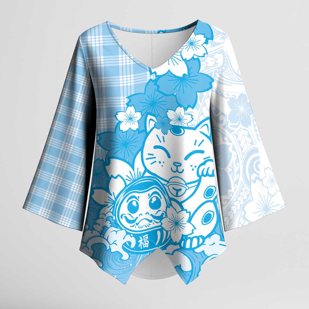Blue Palaka Hawaiian And Japanese Kimono Sleeve Blouse Maneki Neko And Sakura Bloom DT05 Female Blue - Polynesian Pride